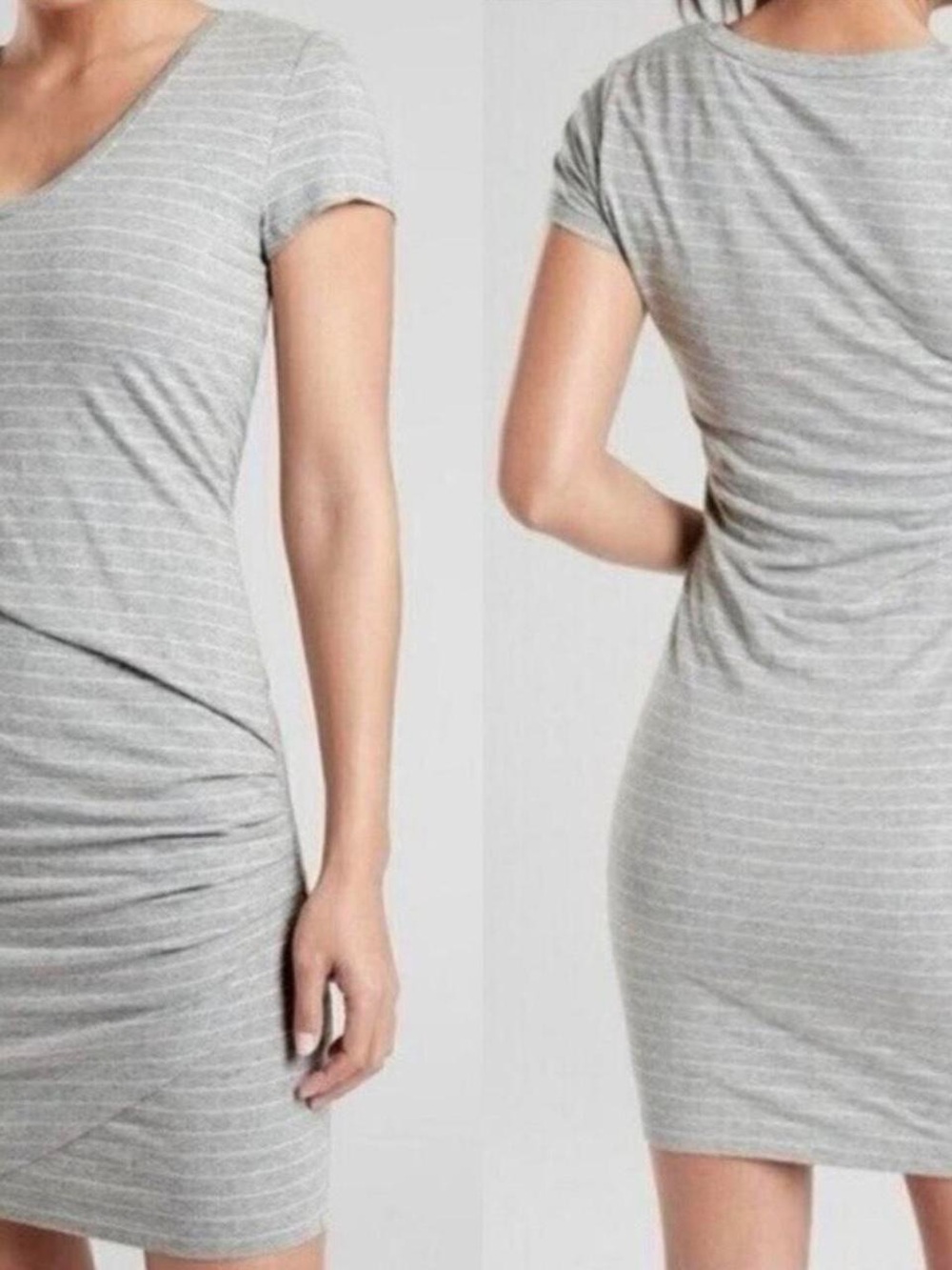 Athleta Central Stripe Dress Sz Large T-Shirt dress travel grey white stripe